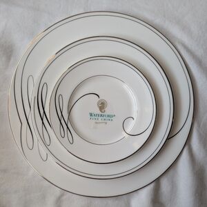 Waterford Ballet Ribbon Plate Set Bone China White Silver Detail Discontinued
